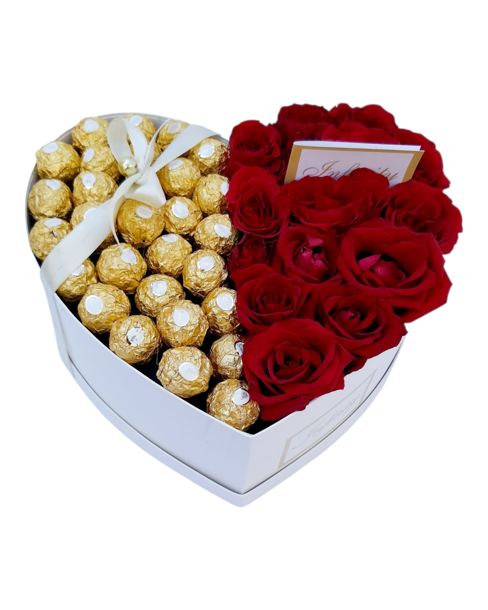 ruze i ferrero u beloj kutiji