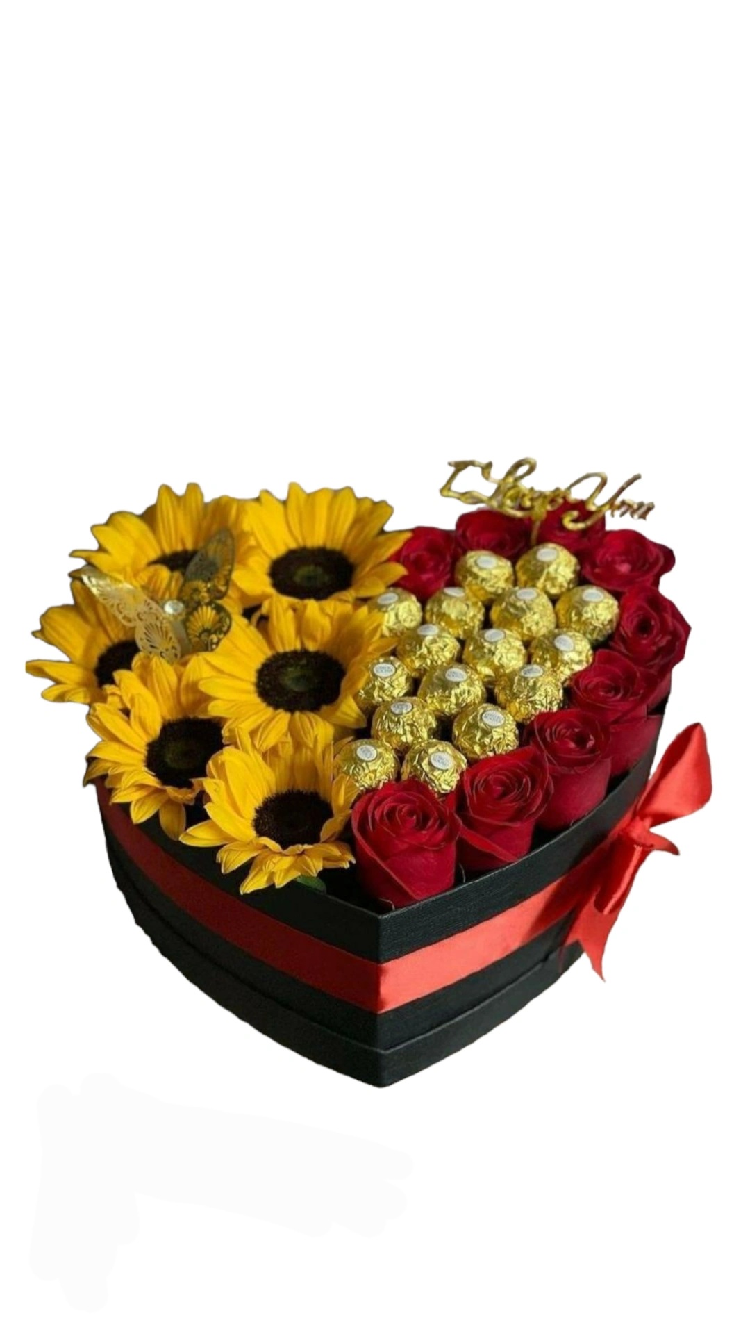 suncokret ruže i ferrero u kutiji