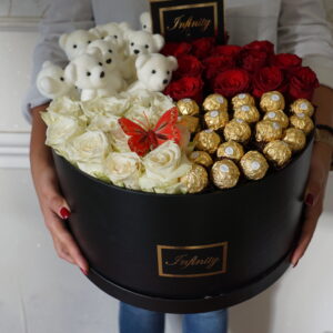 cveće u kutiji RUŽE,FERRERO I MEDICE U KUTIJI